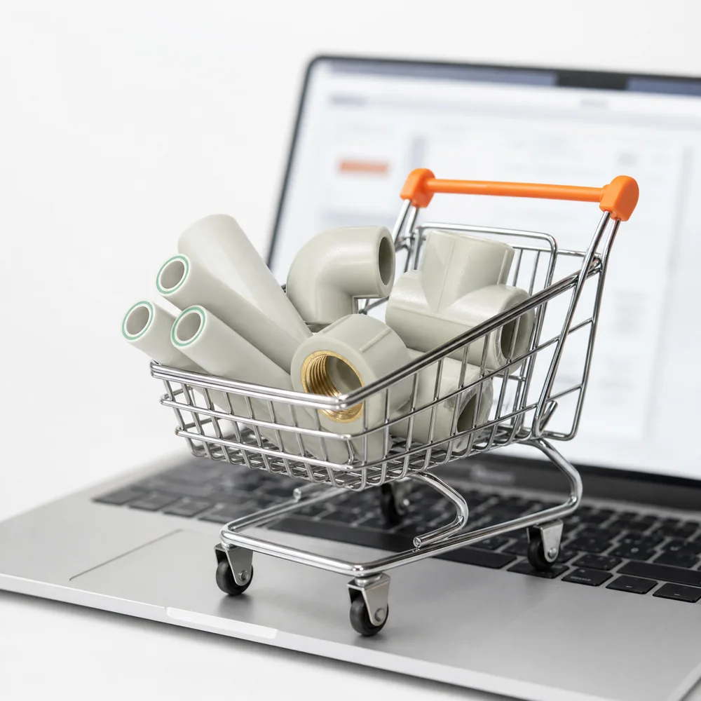 Rury i kształtki PP-R w koszyku zakupowym na laptopie – samodzielny zakup materiału w hurtowni online