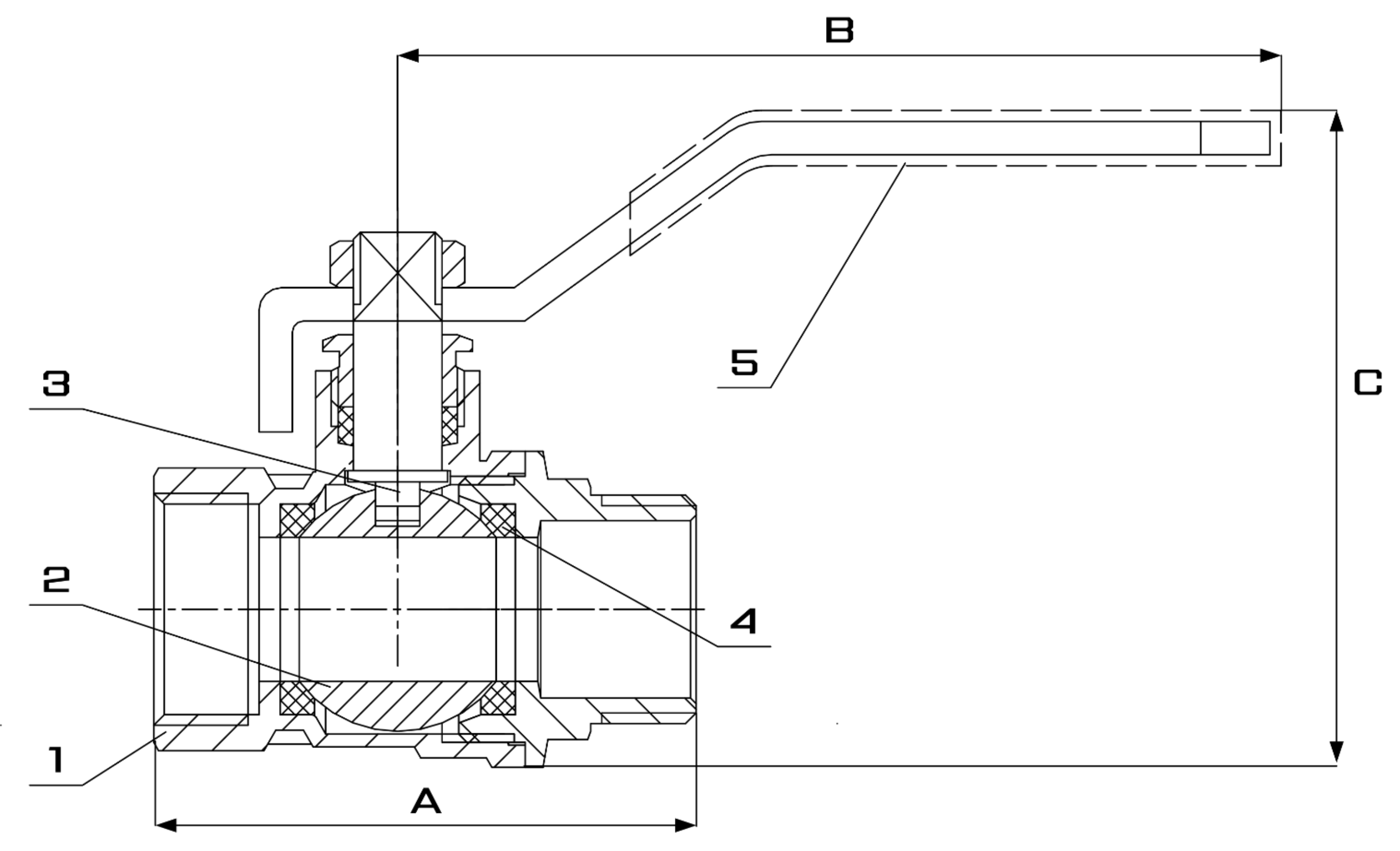 Rysunek techniczny zaworu kulowego GW GZ art. 147 z wymiarami A B C
